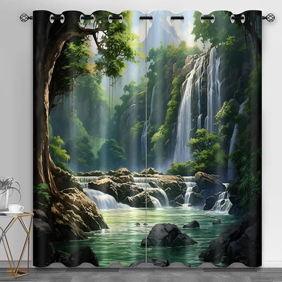 Nature Jungle Landscape Window Curtain for Living Room, Tropical Forest Blackout Curtains, Waterfall Scenery Window Treatments for Living Room Bedroom Dining Room Office 26"W x 45"L (Pack of 2)