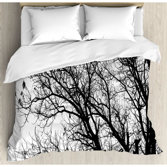 Nature King Size Duvet Cover Set, Leafless Autumn Fall Tree Branches Tops Oak Forest Woodland Season Eco Theme, Decorative 3 Piece Bedding Set with 2 Pillow Shams, Black and White, by Ambesonne