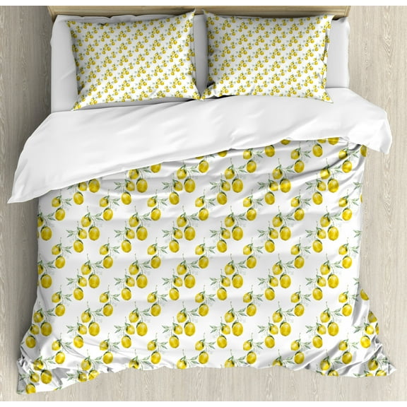 Nature Duvet Cover Set, Lemon Tree Branches Agriculture Kitchen Lemonade Citrus Graphic Art, Decorative 3 Piece Bedding Set with 2 Pillow Shams, King Size, Olive Green Yellow, by Ambesonne