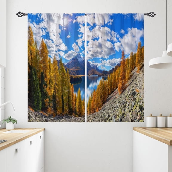 Nature Kitchen Curtains Landscape Theme Autumn Forest Tree Mountain Lake Scenery Scene Design Print Pattern Rod Pocket Waterproof Window Drapes for Bathroom Bedroom Office 2 Panels 26 x 36 Inch