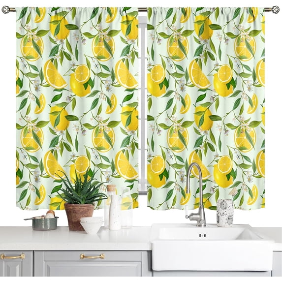 Nature Kitchen Curtains Lemon Tree Branches Yummy Delicious Gardening Design, Window Drapes for Cafe Decor, Fabric 2 Panels 26x36 Inch