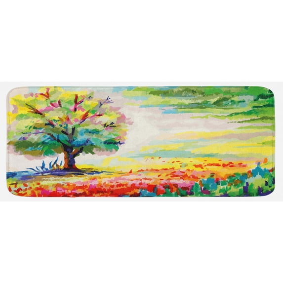 Nature Kitchen Mat, Colorful Hand Drawn Flowers Grass and Trees Forest Rural Scenery Watercolors Art, Plush Decorative Kitchen Mat with Non Slip Backing, 47" X 19", Multicolor, by Ambesonne
