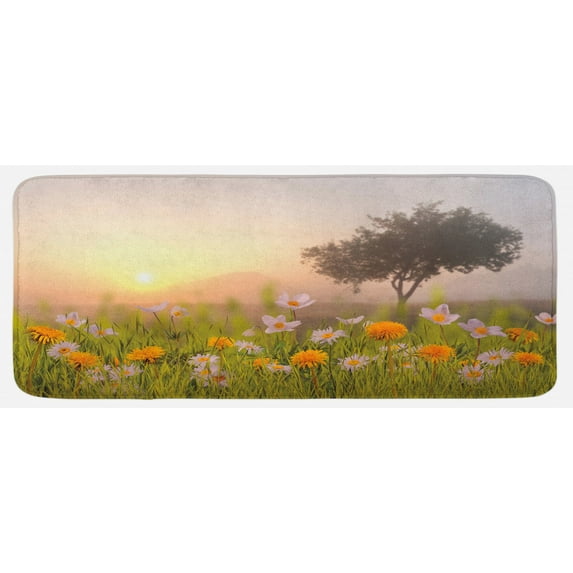 Nature Kitchen Mat, Daisy Flowers Meadow with Tree Background in Mist Ecp Garden Botany Fresh Scenery, Plush Decorative Kitchen Mat with Non Slip Backing, 47" X 19", Multicolor, by Ambesonne