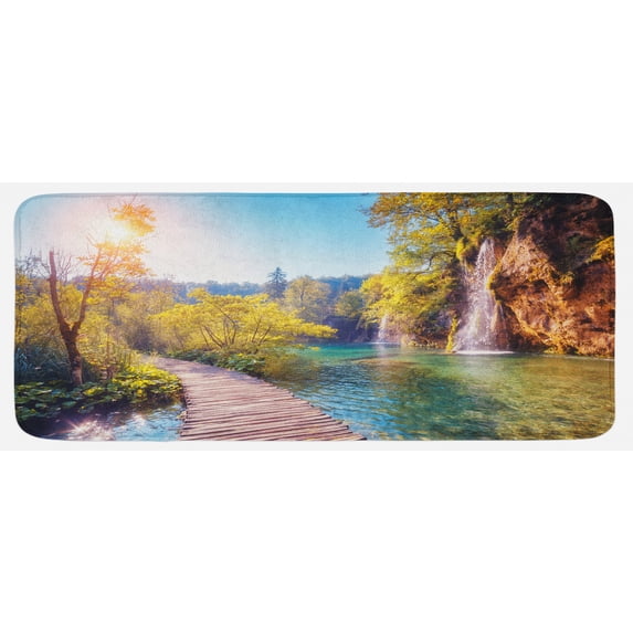 Nature Kitchen Mat, Idyllic Lake with Waterfall Flowing down the Hills in National Park Autumn Scenery, Plush Decorative Kitchen Mat with Non Slip Backing, 47" X 19", Multicolor, by Ambesonne