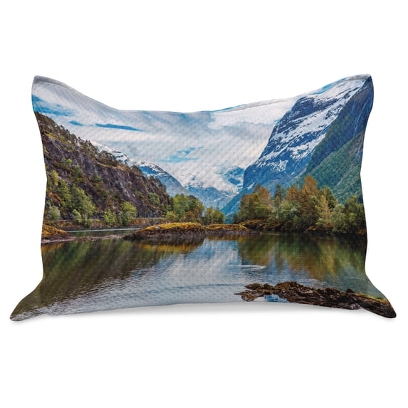 Nature Knitted Quilt Pillowcover, Norway Mountain Range Snowy Peaks by the Lake Fishing Nordic Northern Landscape, Standard King Size Pillow Cover for Bedroom, 30" x 20", Multicolor, by Ambesonne