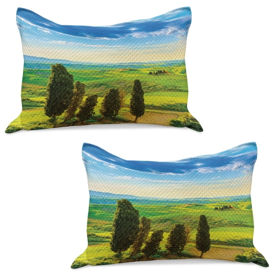Nature Knitted Quilt Pillowcover Set of 2, Rural Sunset in Italy Countryside with Trees Fresh Meadows and Clear Sky Image Print, Standard Queen Pillow Sham Bedroom, 30" x 20", Blue Green, by Ambesonne