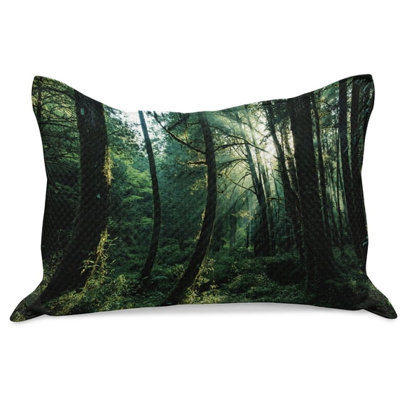 Nature Knitted Quilt Pillowcover, Sunset in Woods Sun Beaming Through Forest Trees Wilderness Scenery, Standard King Size Pillow Cover for Bedroom, 36" x 20", Forest Green Pale Yellow, by Ambesonne
