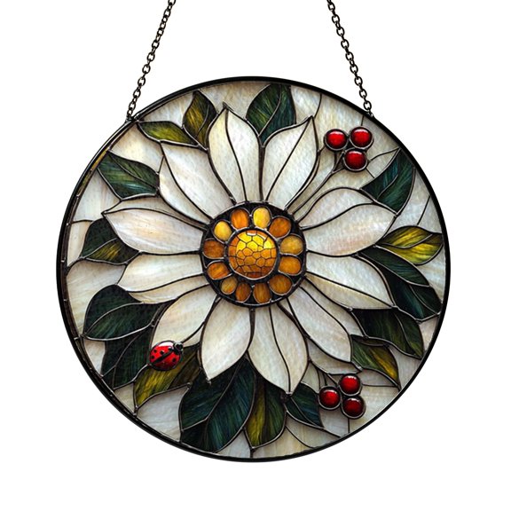 Nature Ladybug Flower Glass Suncatcher Window Decor, Stained Glass Style Hanging Art