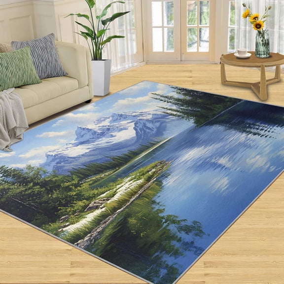 Nature Landscape Area Rug, Lake Forest Rugs for Living Room, Snow Mountain Washable Rugs for Bedroom, Non Slip Low Pile, Soft Indoor Carpet Home Decor-5' x 8'