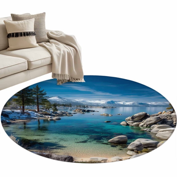 Nature Landscape Area Rug, Lake Stone Forest Sky Snow Mountain Washable Large Circle Carpet, Non Slip Round Rug for Living Room/Bedroom/Dining Room/Home Office/Dorm