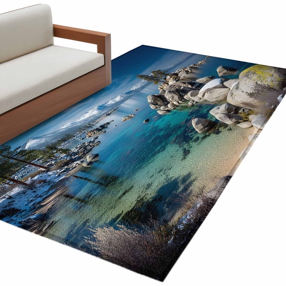 Nature Landscape Area Rug 3x5ft Lake Stone Forest Sky Snow Mountain Non-Slip Washable Square Rugs Soft Felt Indoor Floor Mat for Bedroom Kitchen Living Room Bathroom