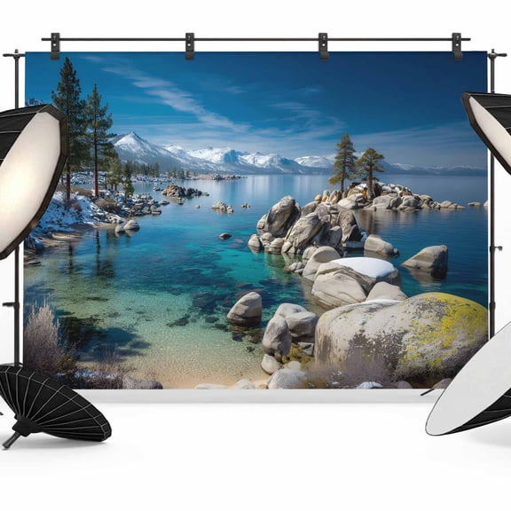 Nature Landscape Backdrop for Photography, Lake Stone Forest Sky Snow Mountain Photo Backdrop Portrait Background Party Banner Photo Backgrounds for Studio Booth Props, 7x5ft