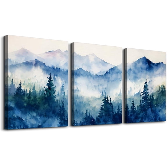 Nature Landscape Canvas Wall Art for Living Room, Forest Mountain Canvas Prints Paintings, Blue Modern Farmhouse Wall Decor for Bedroom Bathroom Set of 3, 12"X16"