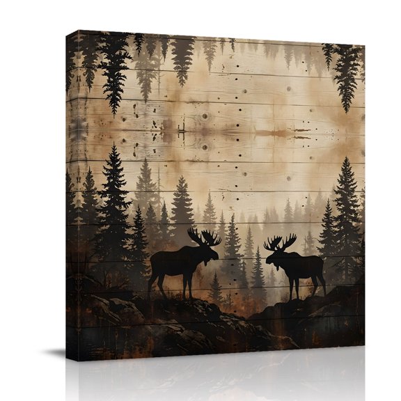 Nature Landscape Canvas Wall Art for Living Room, Rustic Moose Forest Pine Silhouettes Wildlife Poster Print Painting for Bedroom Office Home Decoration Wall Pictures Prepare To Hang 12"x12"