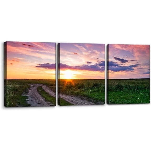 Nature Landscape Canvas Wall Art Print Beautiful Sunset and Country Road on Green Field Painting Wall Decor for Living Room Home Decoration Gallery Wrapped Posters and Prints - 12"x16"x3 Panels