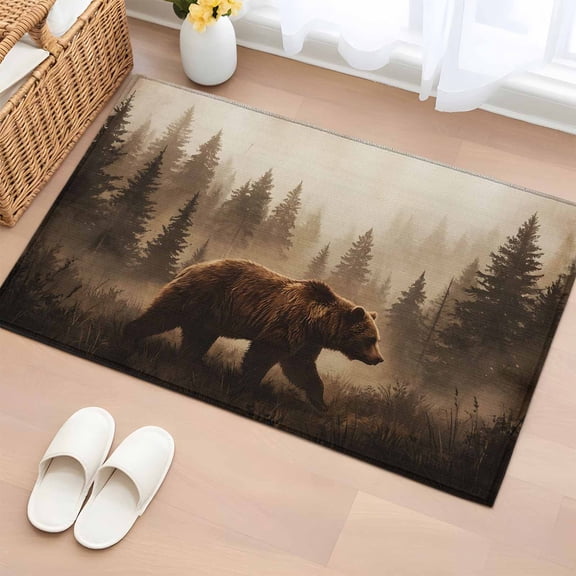 Nature Landscape Entryway Rug 2'x3' Rustic Brown Bear Misty Forest Pine Tree Small Area Rug Non-Slip Front Door Mat Washable Floor Carpet for Indoor Entrance Kitchen Bathroom