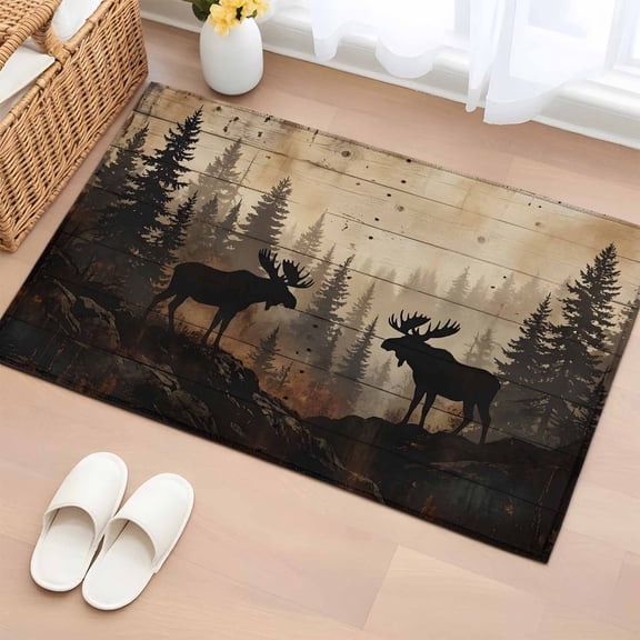 Nature Landscape Entryway Rug 2'x3' Rustic Moose Forest Pine Silhouettes Wildlife Small Area Rug Non-Slip Front Door Mat Washable Floor Carpet for Indoor Entrance Kitchen Bathroom