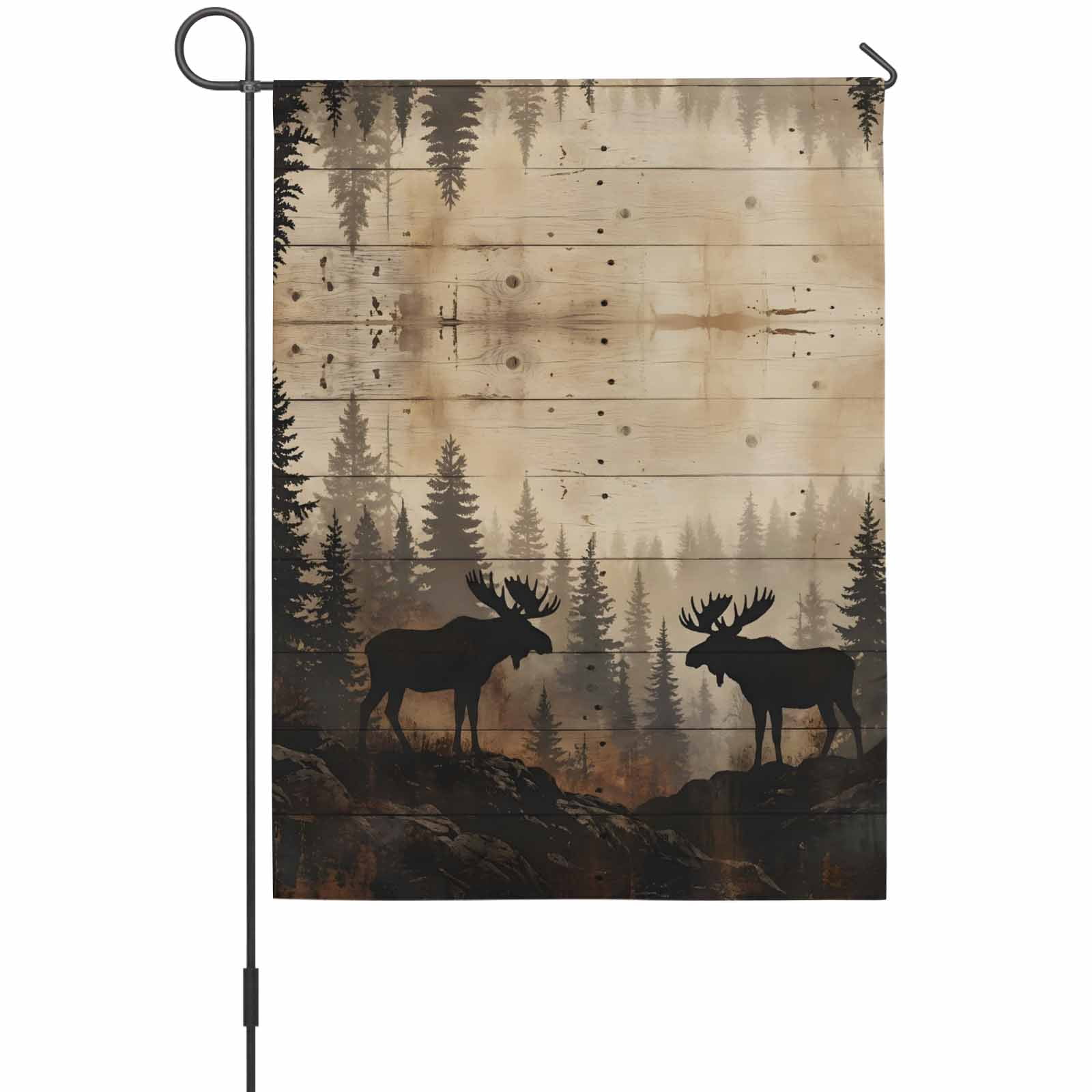 Nature Landscape House Flag 28 x 40 Inches, Rustic Moose Forest Pine Silhouettes Wildlife Weather Proof Outdoor Patio Flags Double Sided Small House Decoration for Yard Lawn Outside Home