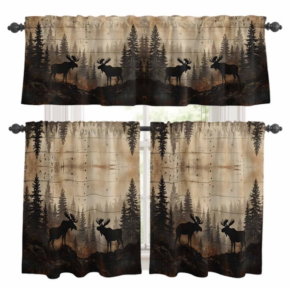 Nature Landscape Kitchen Curtains and Valances Set, Rustic Moose Forest Pine Silhouettes Wildlife Rod Pocket Window Valance Window Curtain Panels for Living Room Bedroom Laundry, 27.5x36in, 3 Pieces
