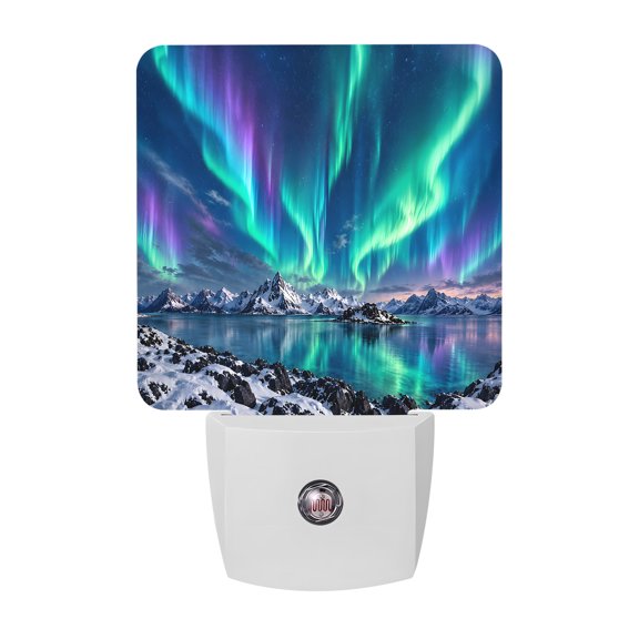 Nature Landscape LED Night Light, Nordic Green Purple Borealis Mountains Lake Night Lights plug into Wall with Smart Sensor Dusk to Dawn Sensor for Nursery Bedroom 2.95x4.5in