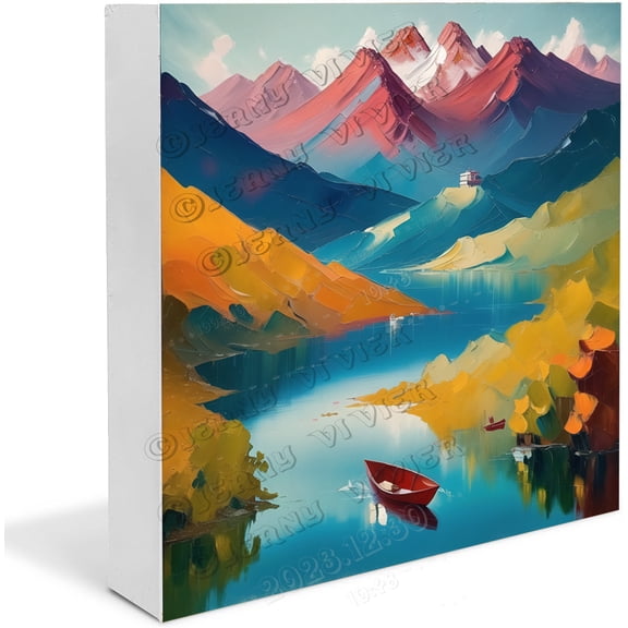 Nature Landscape with Lake Wooden Box Sign, Fall Art Blocks, Farmhouse Wood Box Sign, Tabletop Shelf Home Decor,Cute Modern Farmhouse Wall Decor 5"x5"