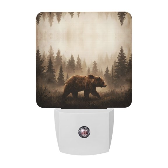 Nature Landscape Night Light, Rustic Brown Bear Misty Forest Pine Tree Plug in Night Lights with Dusk to Dawn Sensor, Energy Saving Brown LED Nightlight for Bedroom Bathroom, Auto On/Off
