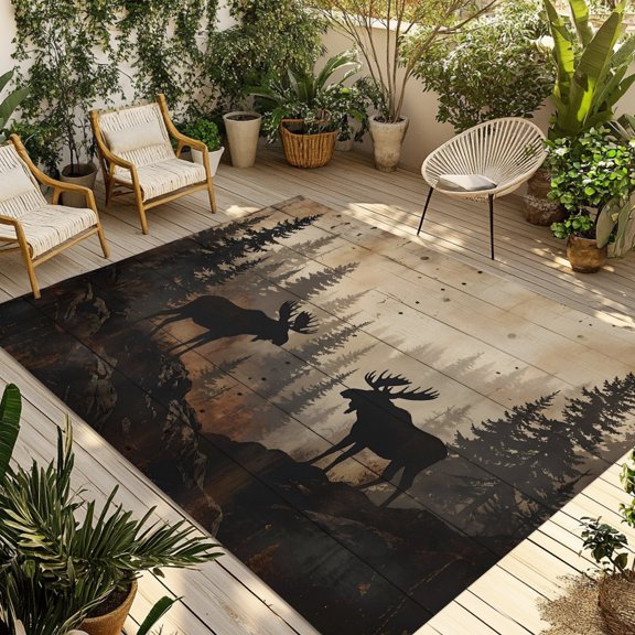 Nature Landscape Outdoor Rug, Rustic Moose Forest Pine Silhouettes Wildlife Non-Slip Area Rugs Carpet Breathable Large Floor Mat for Outdoors Patio Porch Deck Beach 4’ x 6’