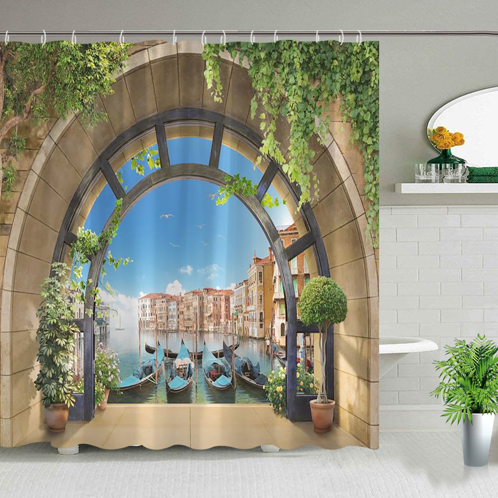 Nature Landscape Outdoor Shower Curtain Window Seaside Coconut Tree