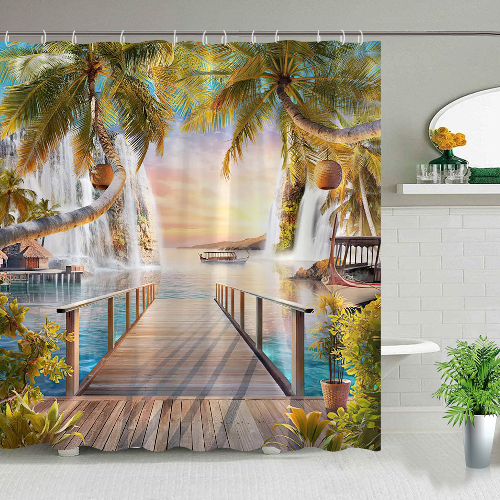 Nature Landscape Outdoor Shower Curtain Window Seaside Coconut Tree