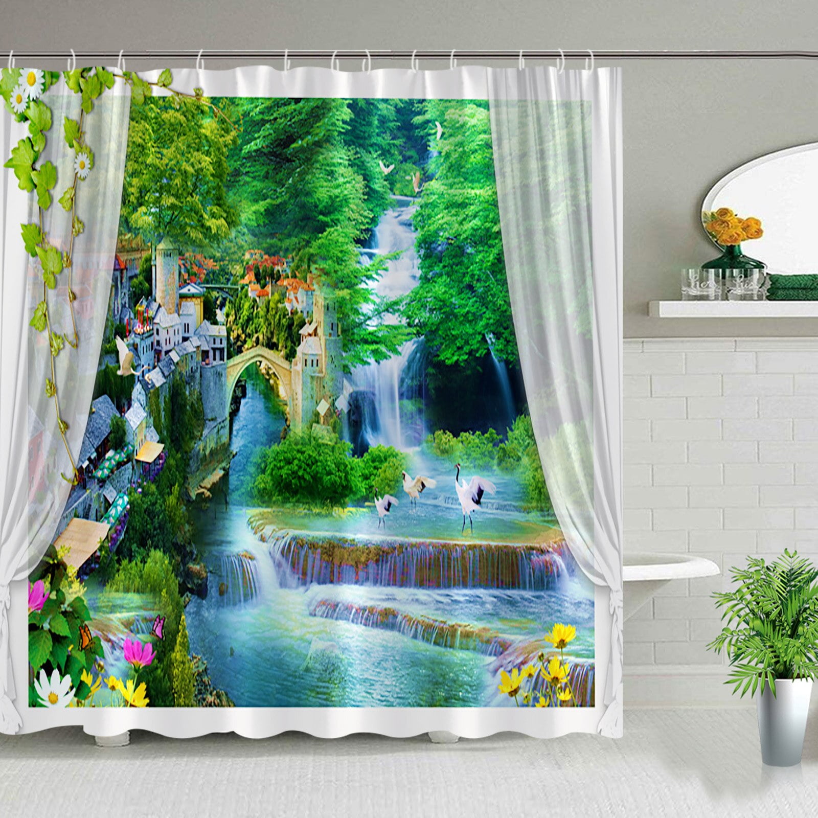 Nature Landscape Outdoor Shower Curtain Window Seaside Coconut Tree