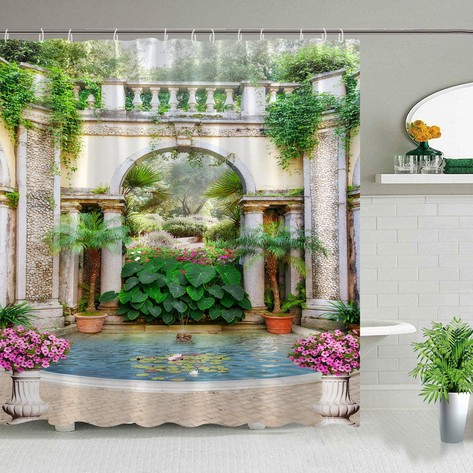 Nature Landscape Outdoor Shower Curtain Window Seaside Coconut Tree