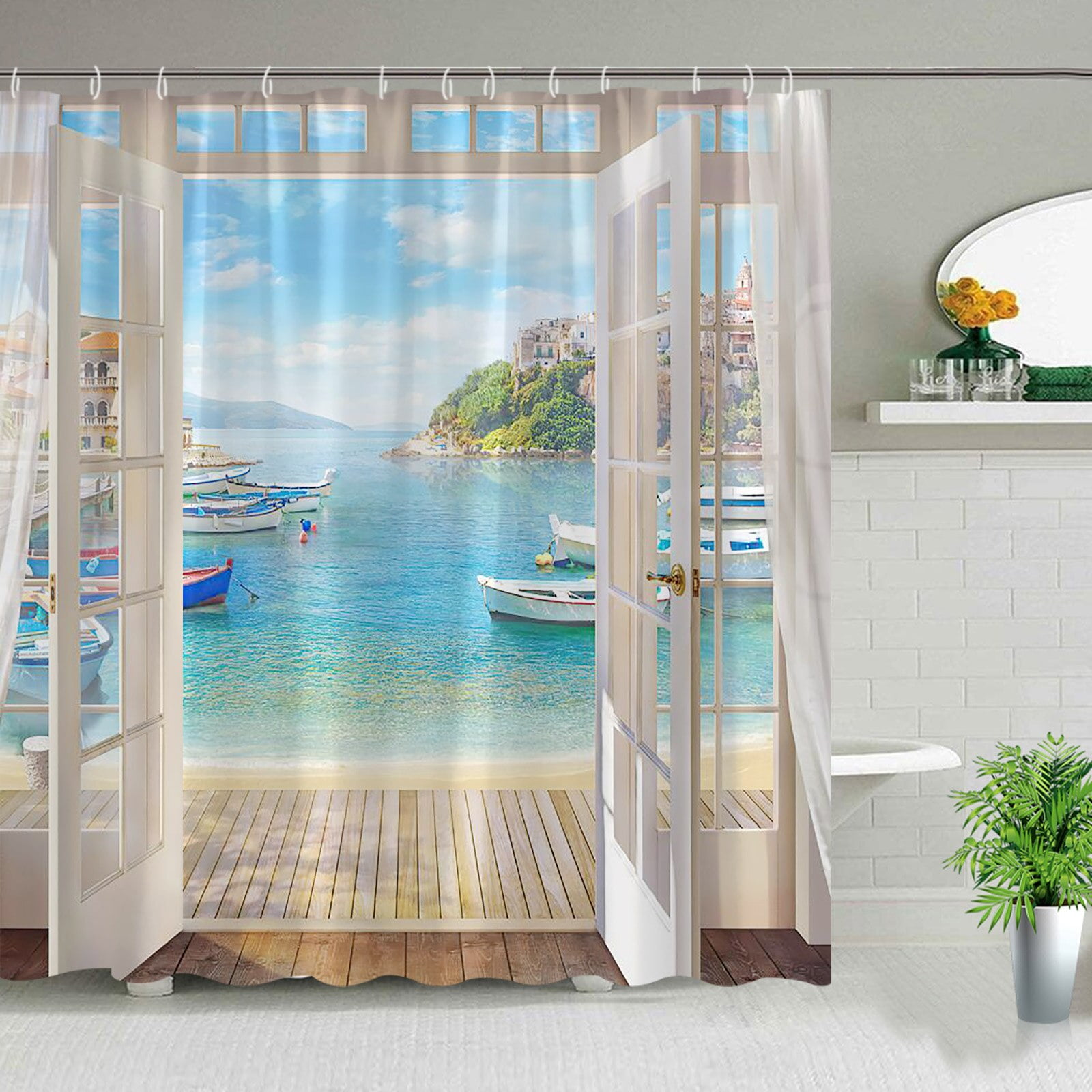 Nature Landscape Outdoor Shower Curtain Window Seaside Coconut Tree
