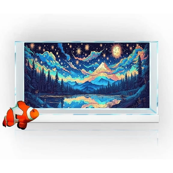 Nature Landscape Rocky Mountain Reptile Habitat Background, Aesthetic Forest Scenic Moon Terrarium Background, Cool Aquarium Background, Blue with 10 EVA Double-Sided Tape, 48X20IN