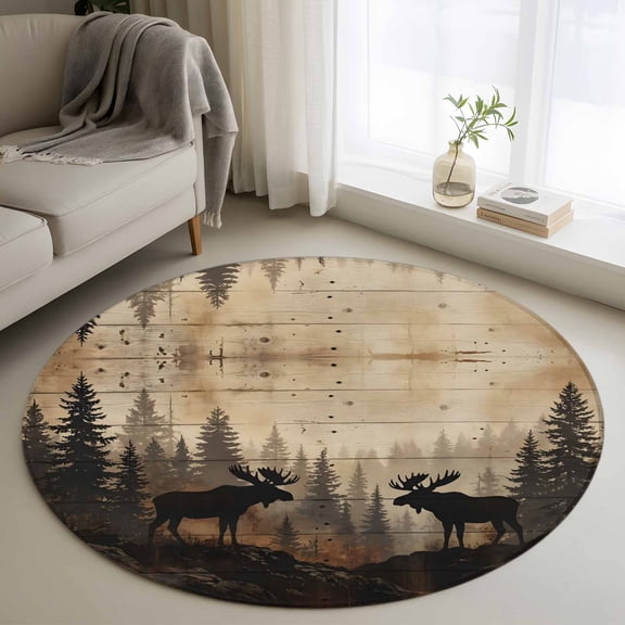 Nature Landscape Round Rug 4Ft Rustic Moose Forest Pine Silhouettes Wildlife Circle Area Rugs Washable Non Slip Indoor Floor Mats Carpet for Living Room Bedroom Dining Room Home Decor