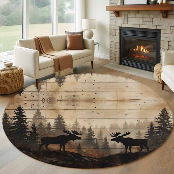 Nature Landscape Round Rug 5Ft Rustic Moose Forest Pine Silhouettes Wildlife Circle Area Rugs Washable Non Slip Indoor Floor Mats Carpet for Living Room Bedroom Dining Room Home Decor