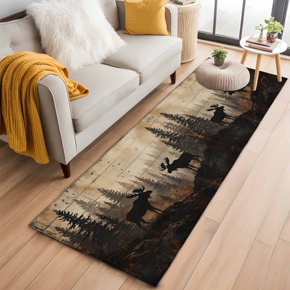 Nature Landscape Runner Rug 2'x6' Rustic Moose Forest Pine Silhouettes Wildlife Hallway Runner Rugs Washable Non-Slip Bedside Floor Mats Carpet for Kitchen Bedroom Laundry Room Bathroom