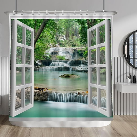 Nature Landscape Shower Curtain Summer Forest River Jungle Waterfall Lake Window Scenery Shower Curtains Decorative for Bathroom Waterproof Fabric Shower Curtain with Hooks 72x72 Inches