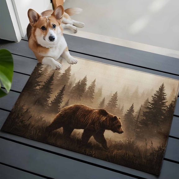 Nature Landscape Small Area Rugs 2x3 Rustic Brown Bear Misty Forest Pine Tree Entryway Rugs Washable Door Mat, Low-Profile Area Rugs Non Slip Floor Carpet for Living Room Bedroom Home Office