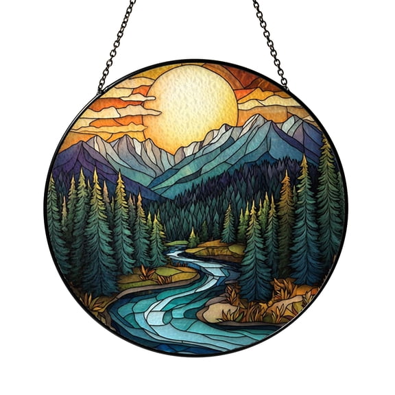 Nature Landscape Stained Glass Style Window Hanging, Mountain Scene Art Panel, Decorative Glass Style Window Decor for Cabin Inspired Home Accent