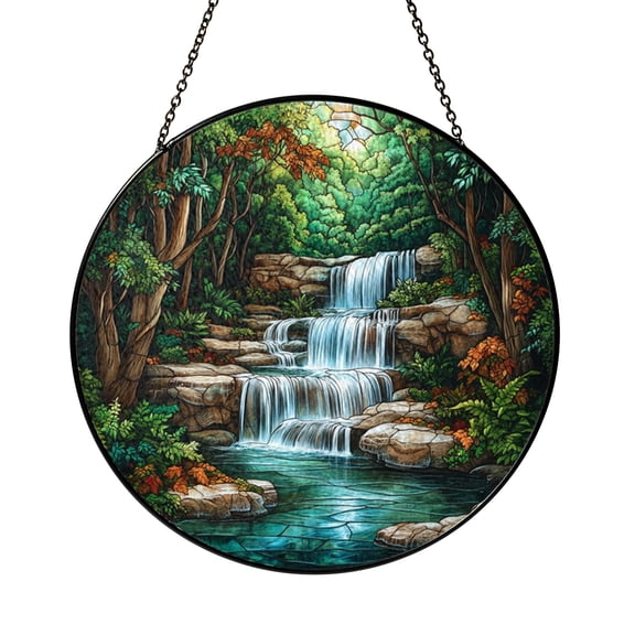 Nature Landscape Stained Glass Style Window Suncatcher, Waterfall and Trees Art Panel, Decorative Glass Style Window Decor for Scenic Home