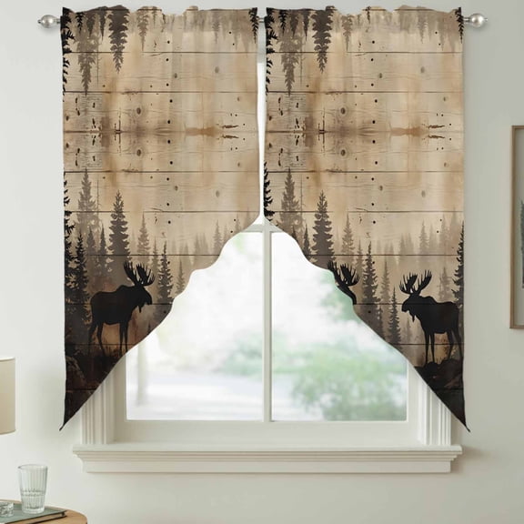 Nature Landscape Swag Kitchen Curtain Valances, Rustic Moose Forest Pine Silhouettes Wildlife Rod Pocket Curtains Window Treatment Decor Valances for Bedroom Bathroom, 2 Panels 36 x 36 Inch