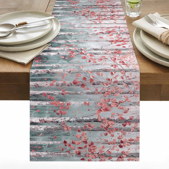 Nature Landscape Table Runner 13x48 inch Birch Leaves Red Oil Painting Cotton Linen Dining Table Runner Ideal for Dresser Kitchen Coffee Tables - Machine Washable