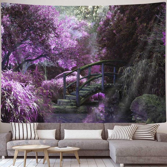 Nature Landscape Tapestry Blooming Purple Flowers, Romantic Bougainvillea Forest with Rustic Bridge Decor Wall Hanging Tapestry Blanket for Bedroom Living Room Dorm, 60X40IN