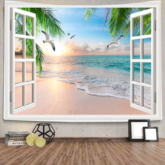 Nature Landscape Tapestry, Cozy Outside of Window Tropical Palm Tree Beach Sea Mew Sunset Scenery Tapestry Wall Hanging, Colorful Bedroom Living Room Dorm Decor 80x60 in