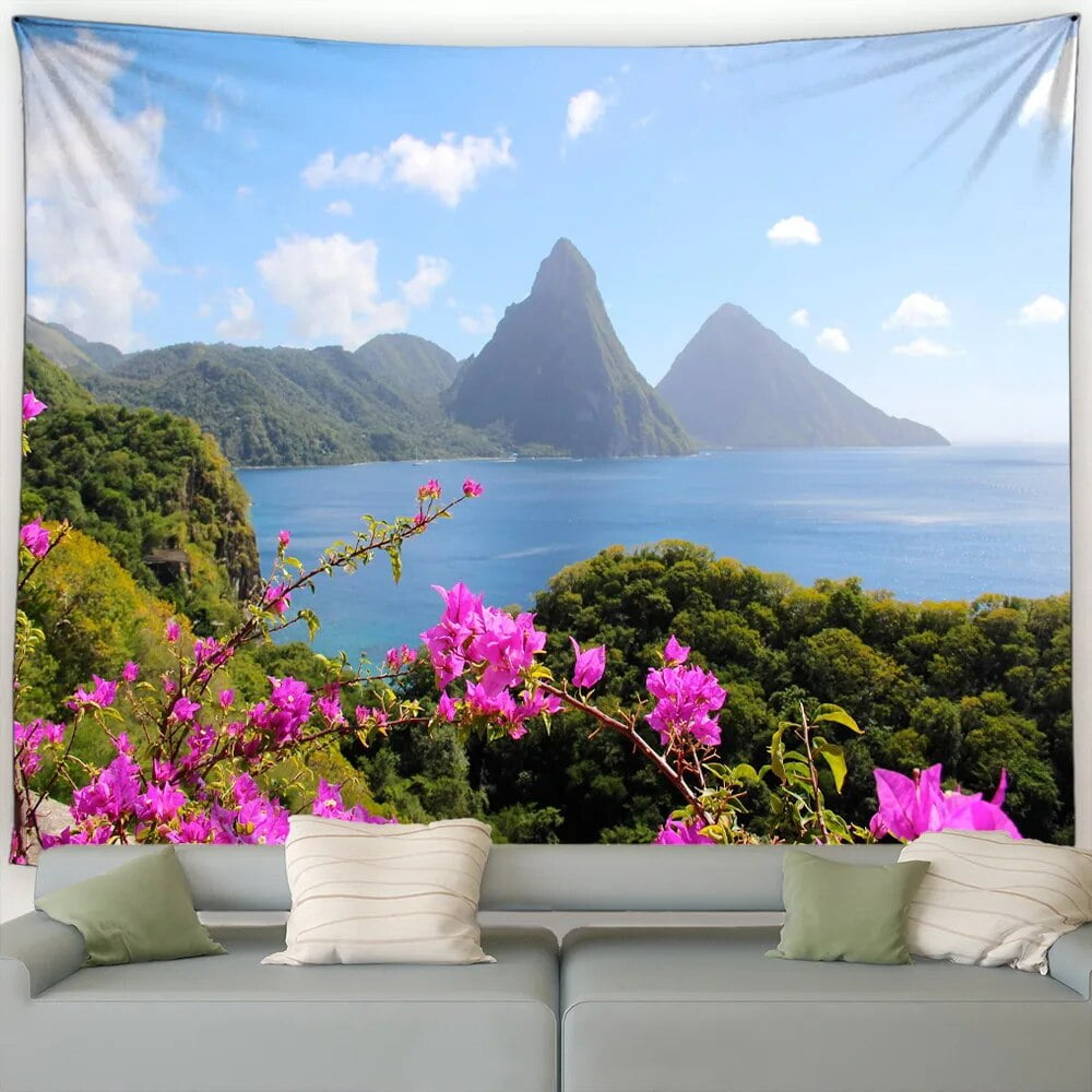 Nature Landscape Tapestry Seaside Mountains Lake Flowers Plants Nature
