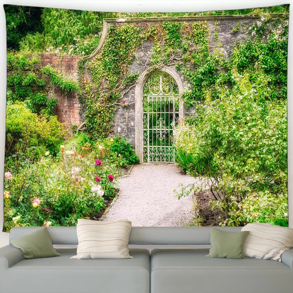 Nature Landscape Tapestry Vintage Brick Walls Vines Plants Flowers Park