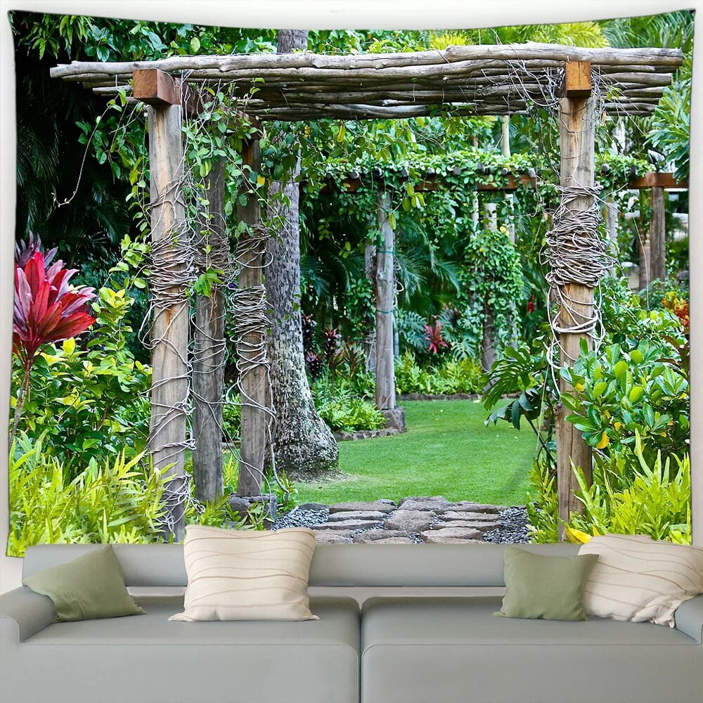 Nature Landscape Tapestry Vintage Brick Walls Vines Plants Flowers Park