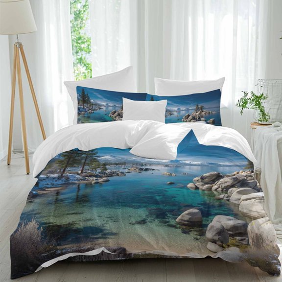 Nature Landscape Twin Size Comforter Set, Lake Stone Forest Sky Snow Mountain Bedding for All Seasons, 4 Pcs Bed Set, 1 Quiltcover (68"x86") ,1Sheet(67"x116"), 2Pillowcases (30"x20")