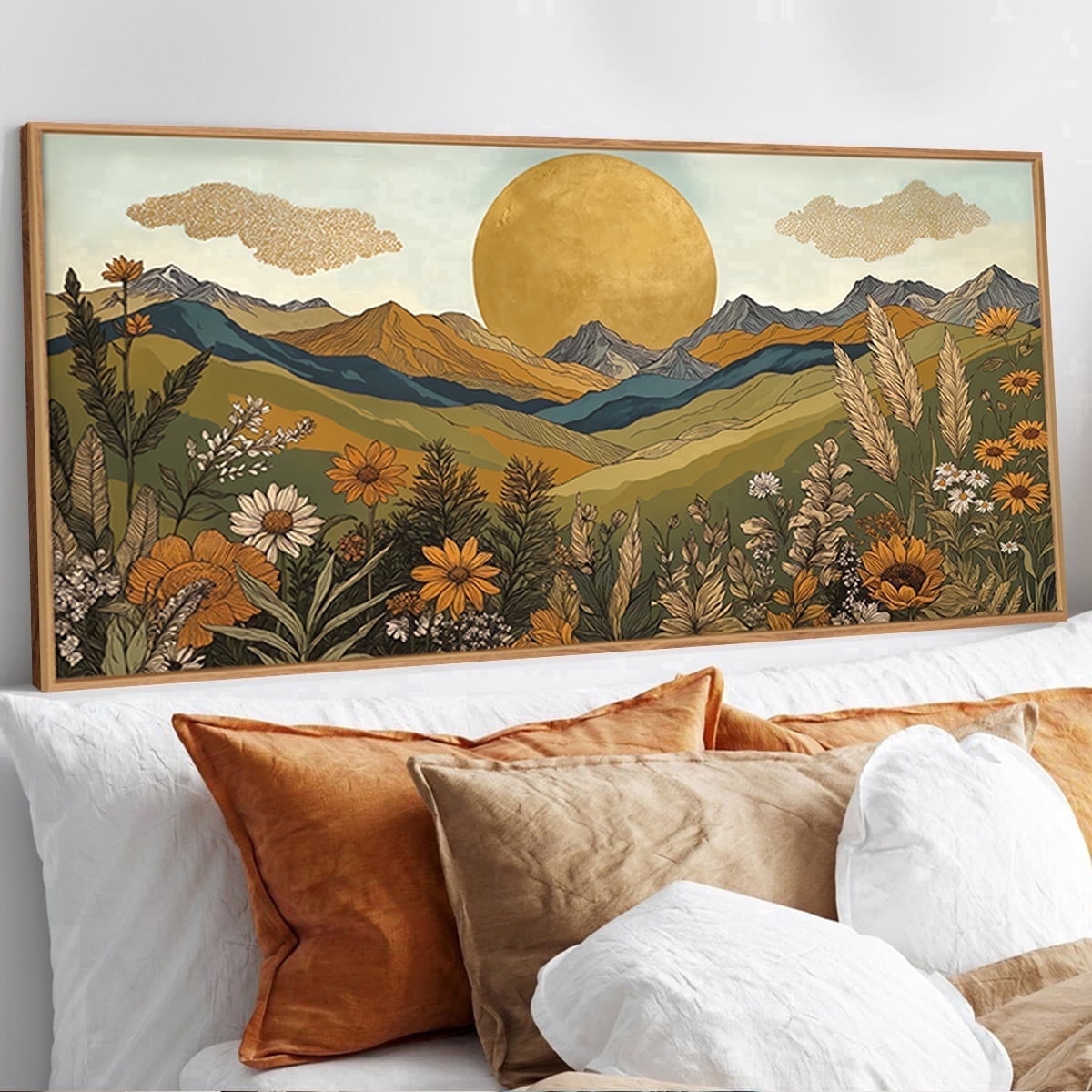 TOARTi Boho Mountain Wall Art Nature Landscape Wall Decor Framed Sun and Flowers Canvas Print for Living Room Bedroom Office 20X40 In