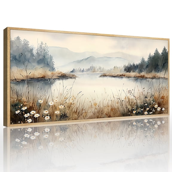 Nature Landscape Wall Art Wilderness Wall Decor Framed Forest Canvas Artwork Misty Mountain Lake Scenery Wall Painting for Living Room Farmhouse Bedroom 20X40 In